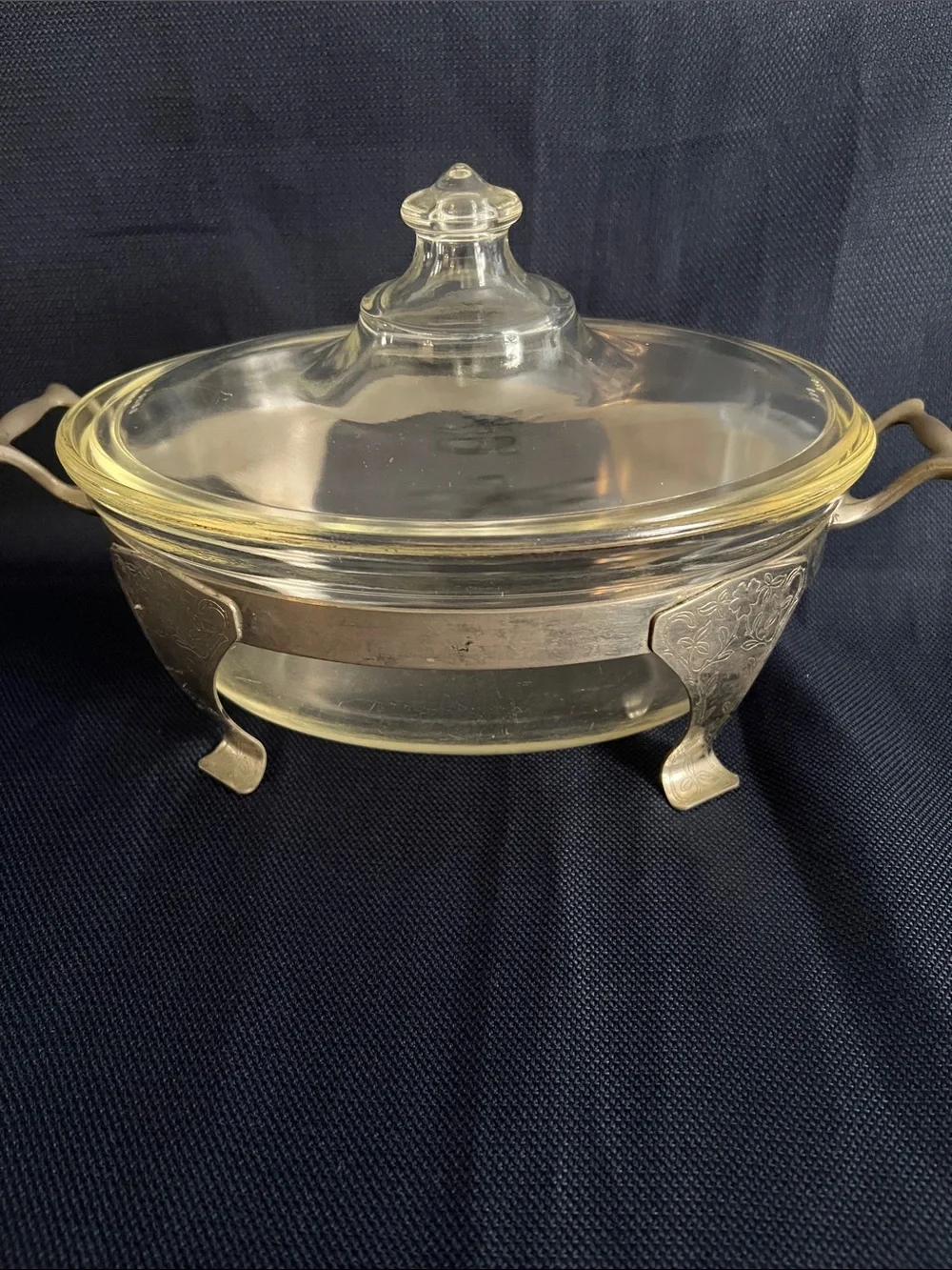 Antique Rare Pyrex Clear Glass Casserole and Silver-Tone Metal Cradle Stand 194